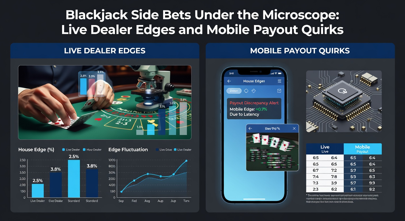 Smartphone-Bildschirm mit Blackjack-App, die Side Bets und Auszahlungsoptionen anzeigt, umgeben von Grafiken zu RTP-Werten und mobilen Limits