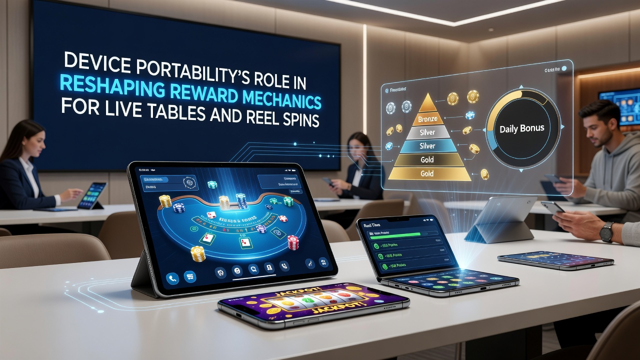 Darstellung von mobilen und stationären Geräten mit integrierten Casino-Belohnungssystemen für Live- und Slot-Spiele