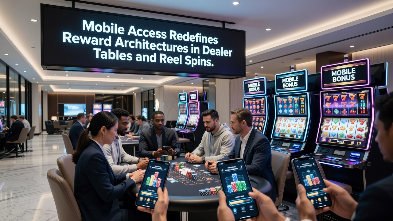 Smartphone-Display mit aktiven Slot-Spins und Live-Dealer-Sitzung plus Belohnungsanzeige