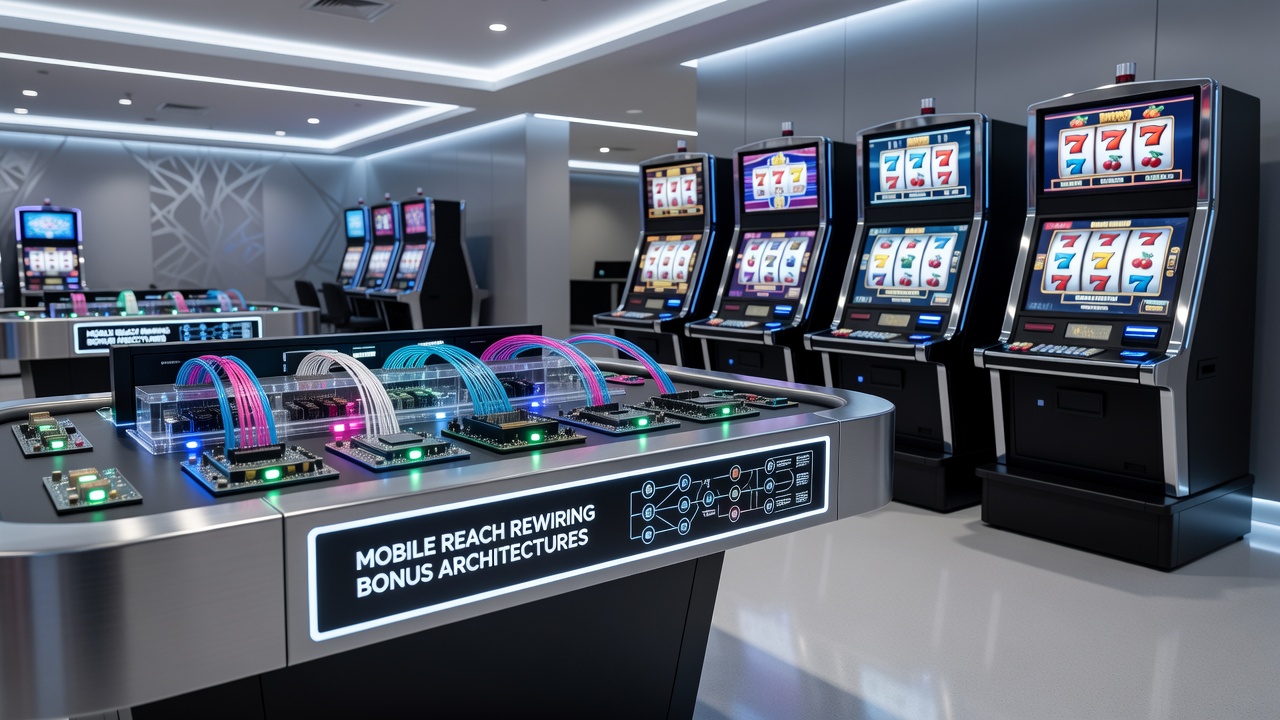 Smartphone-Display mit überlappenden Bonus-Architekturen zwischen Live-Dealer und Slots