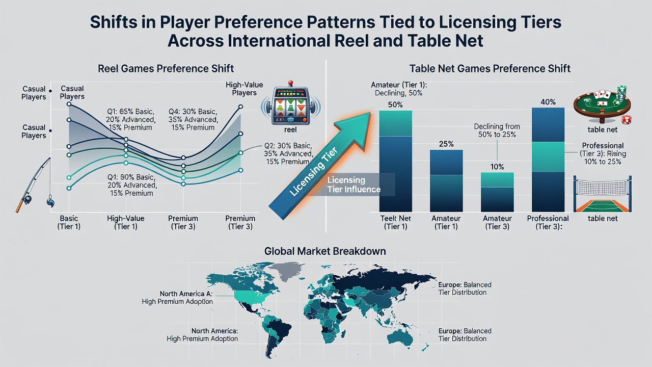 Visualisierung von Daten zu Spielerpräferenzen zwischen Reel- und Tischspielen in Abhängigkeit von Lizenzstufen